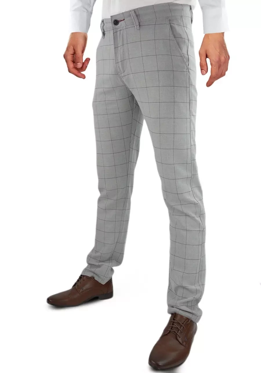 Spodnie męskie szare (jasne) w kratę. Chino, eleganckie. Dla niskich oraz regular - M138