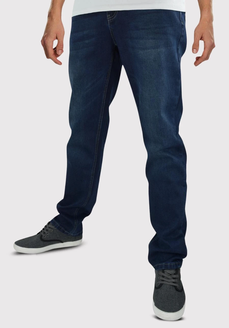 Jeansy męskie dla wysokich (do 210 cm wzrostu) oraz niskich lub standard, ciemnoniebieskie M044