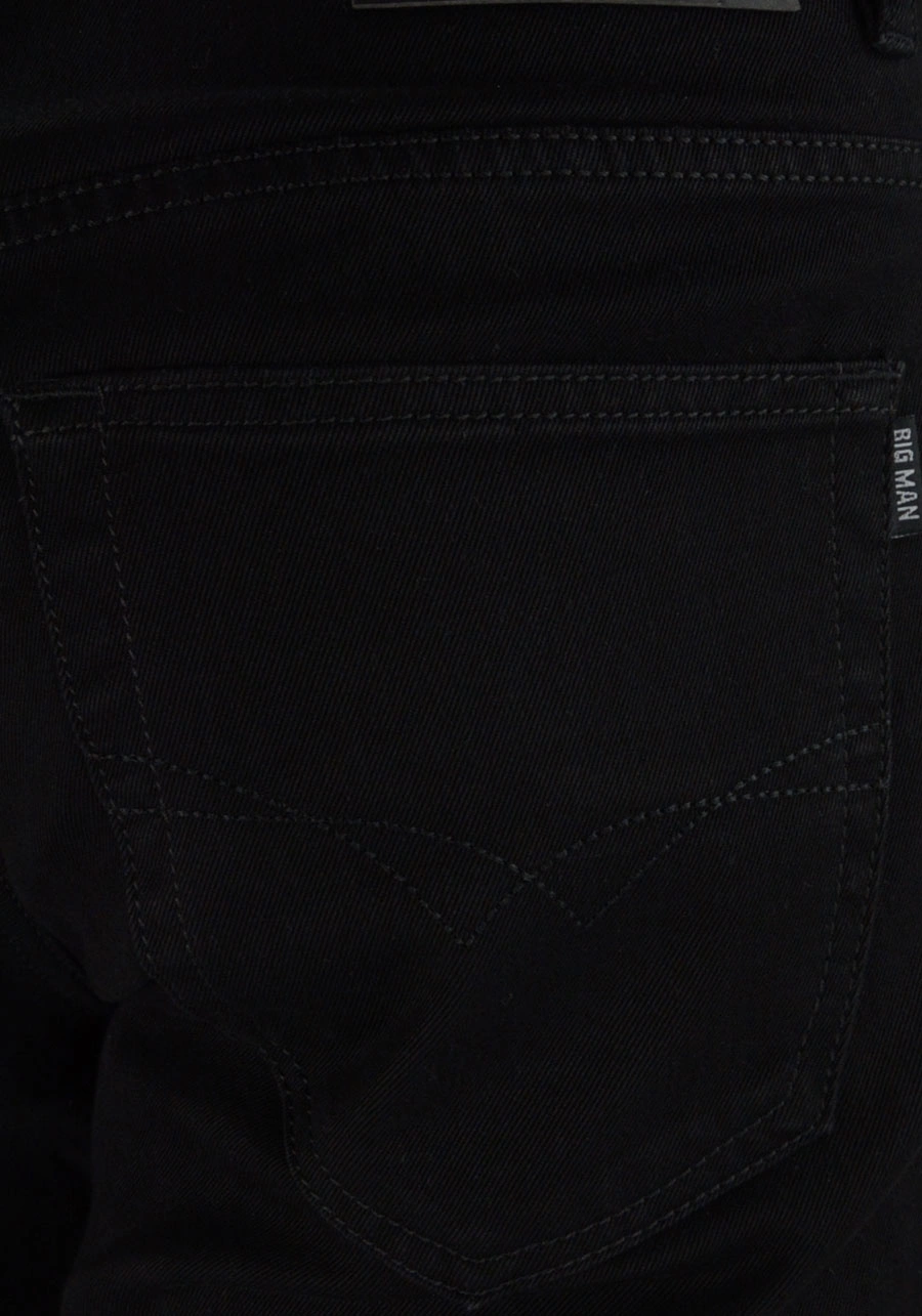 Spodnie męskie czarne dla wysokich (wzrost do 210 cm), niskich, otyłych lub regular. Długie, proste nogawki. Duże rozmiary (do 130 cm w pasie), wysoki stan - M105