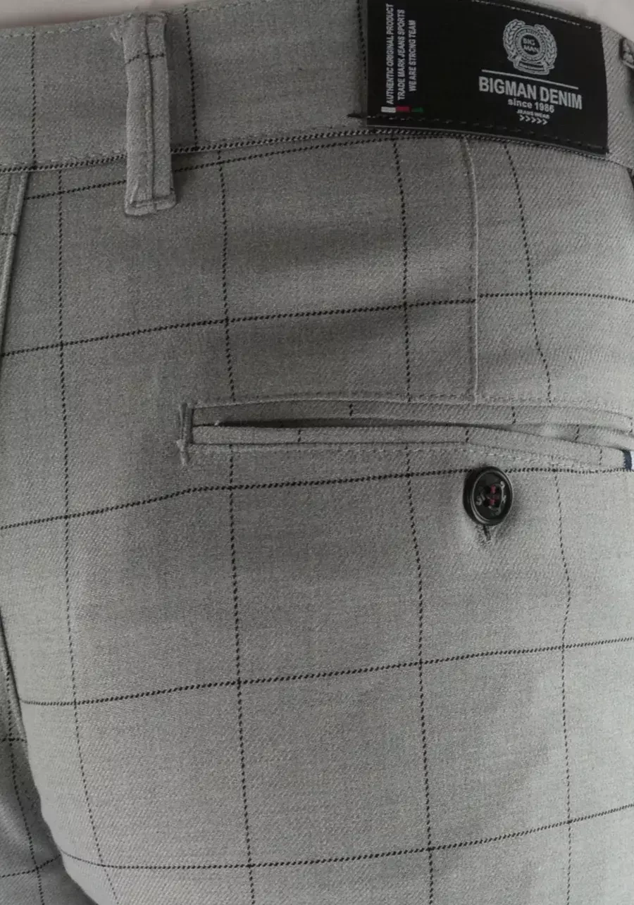 Spodnie męskie szare (jasne) w kratę. Chino, eleganckie oraz elastyczne. Dla niskich oraz regular - M138