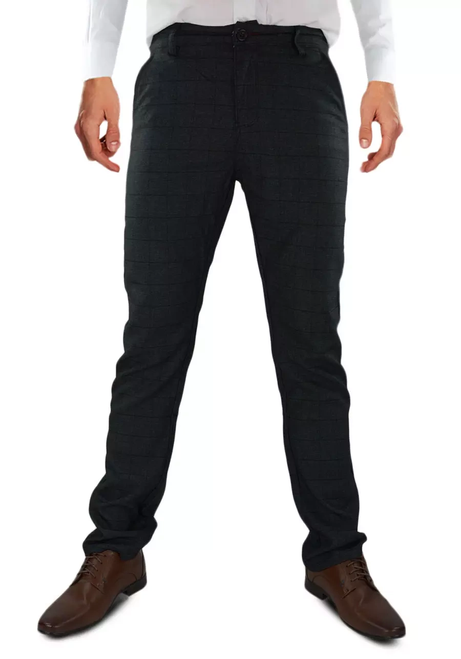 Spodnie męskie grafitowe (ciemne) w kratę. Chino, eleganckie oraz elastyczne. Dla niskich oraz regular - M114