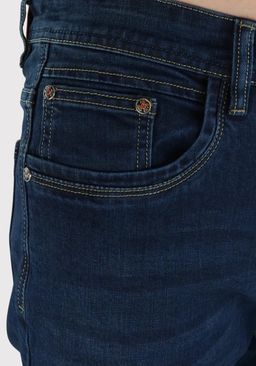 Jeansy męskie dla wysokich (do 210 cm wzrostu) oraz niskich lub standard, ciemnoniebieskie M044