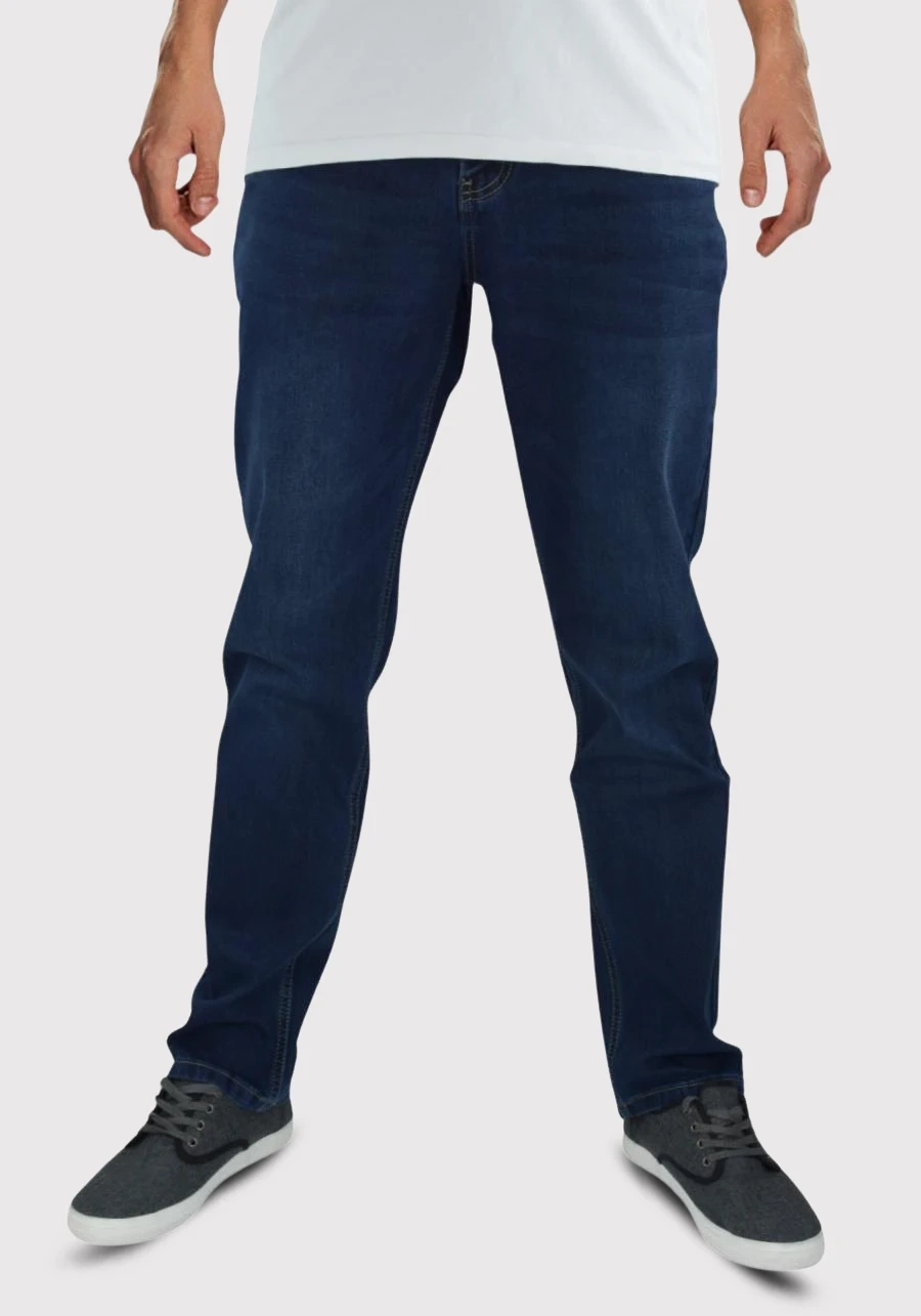 Jeansy męskie dla wysokich (do 210 cm wzrostu) oraz niskich lub standard, ciemnoniebieskie M044