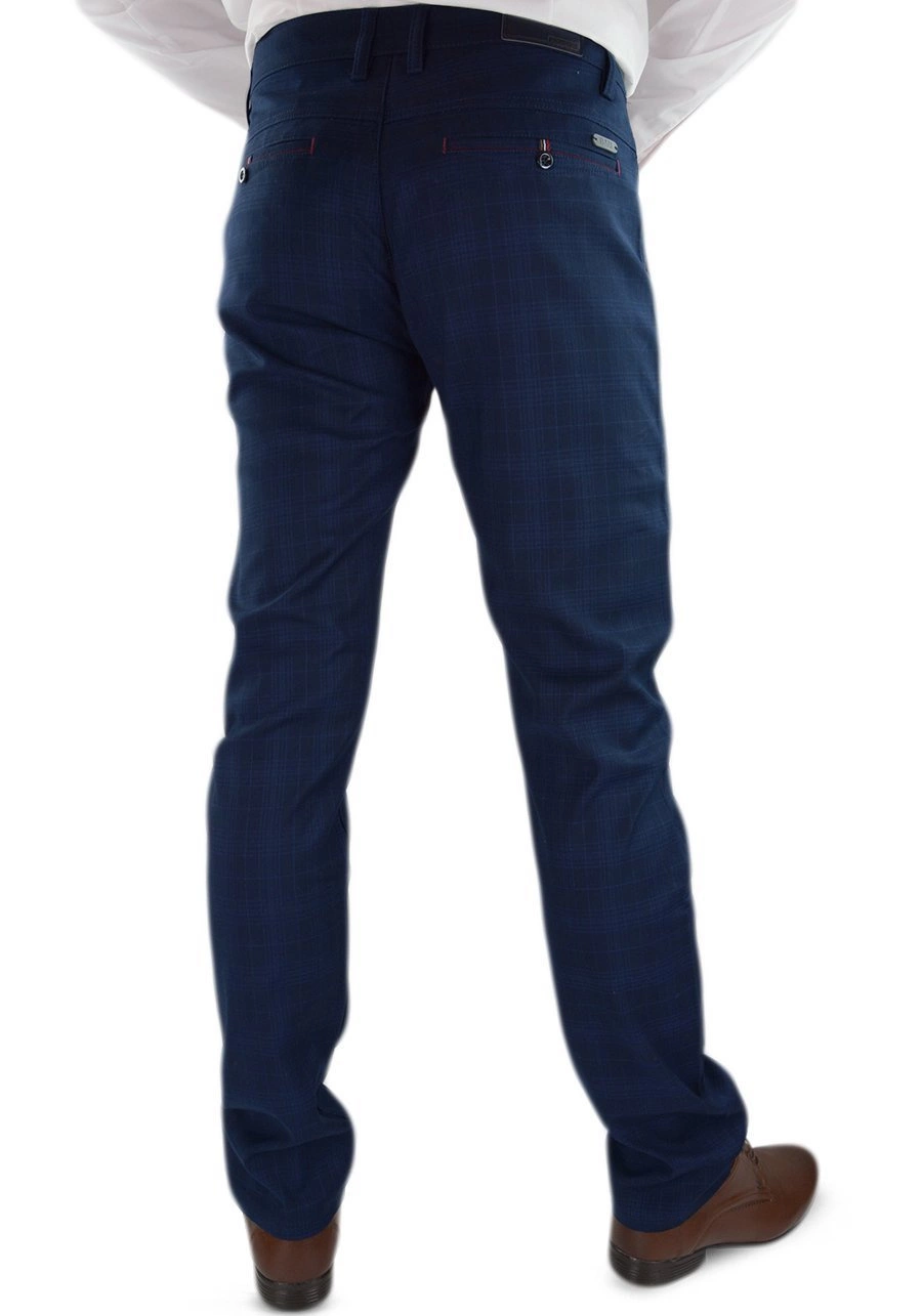 Spodnie męskie granatowe w kratę. Eleganckie oraz elastyczne. Standard oraz oversize - 094
