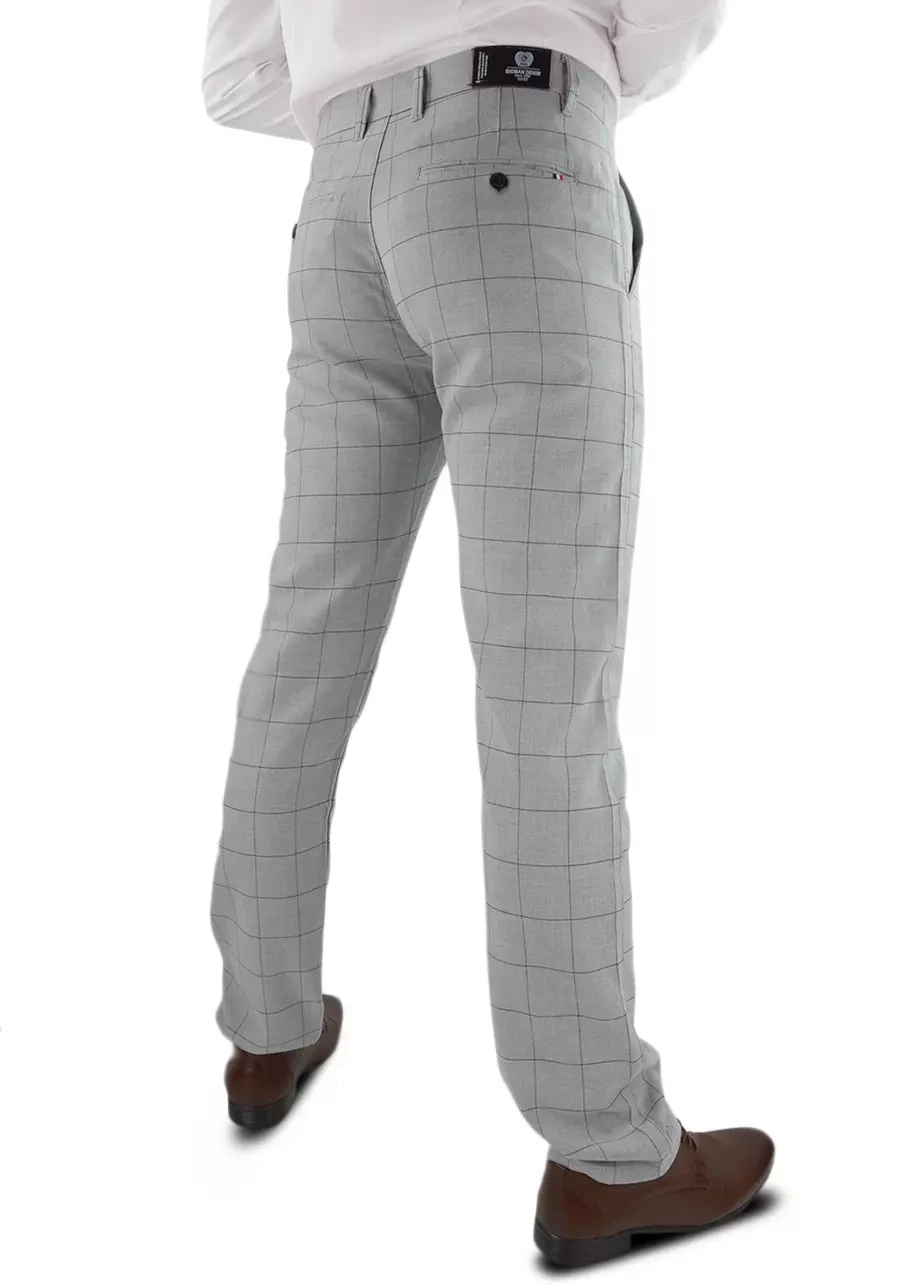 Spodnie męskie szare (jasne) w kratę. Chino, eleganckie oraz elastyczne. Dla niskich oraz regular - M138
