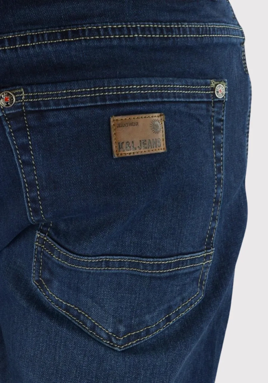 Jeansy męskie dla wysokich (do 210 cm wzrostu) oraz niskich lub standard, ciemnoniebieskie M044