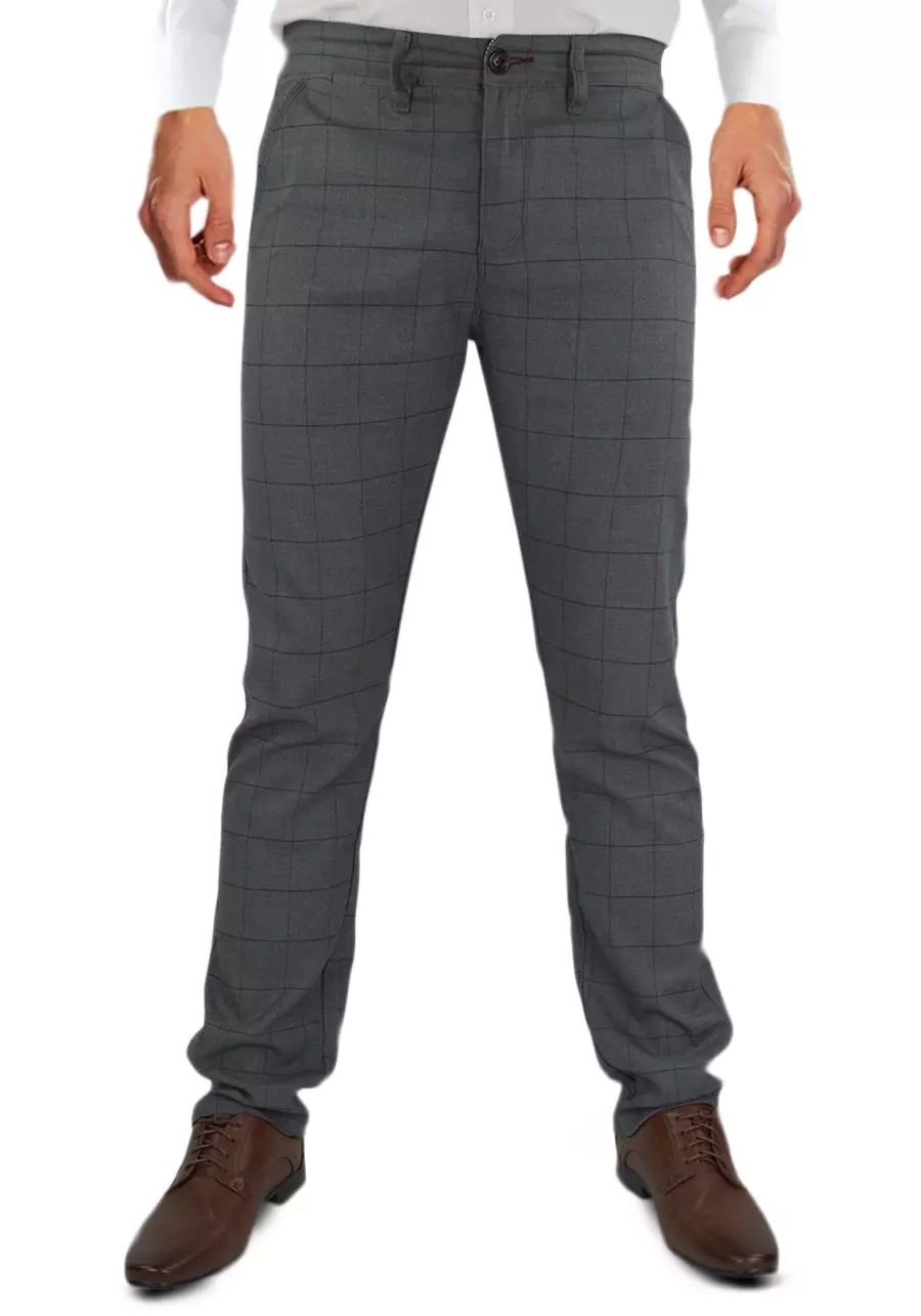 Szare spodnie męskie w kratę. Eleganckie, elastyczne, jasne chino. Regular i duże rozmiary - M123