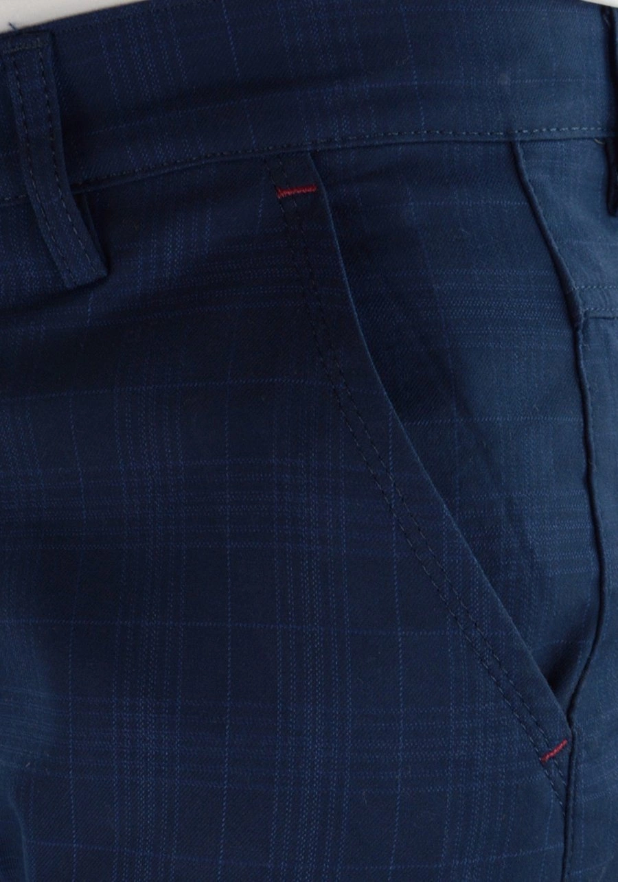 Spodnie męskie granatowe w kratę. Eleganckie oraz elastyczne. Standard oraz oversize - 094