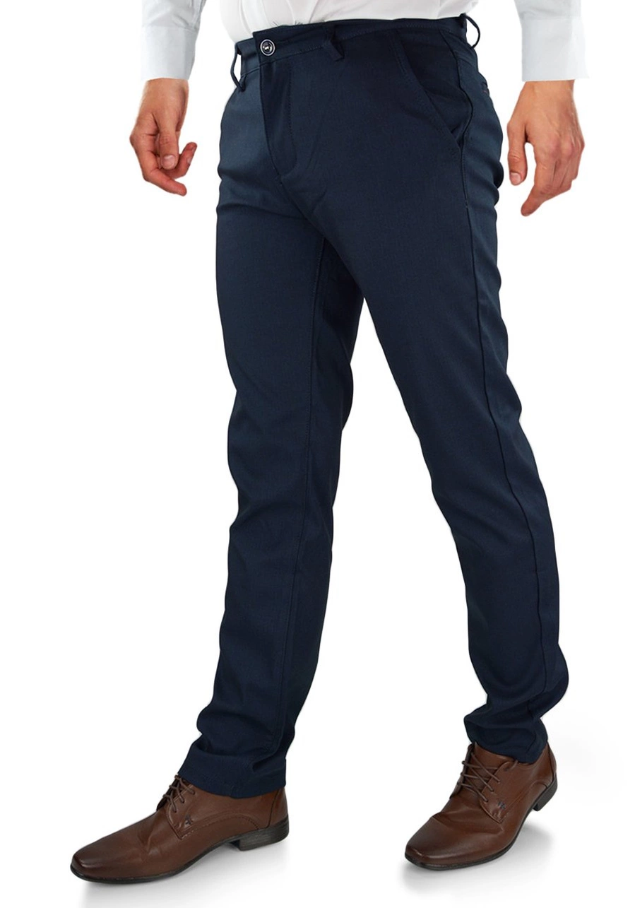Spodnie męskie eleganckie, granatowe dla wysokich (wzrost do 210 cm), niskich, otyłych (do 124 cm w pasie) lub regular. Duże rozmiary bez kantów, wysoki stan, elastyczne - 97