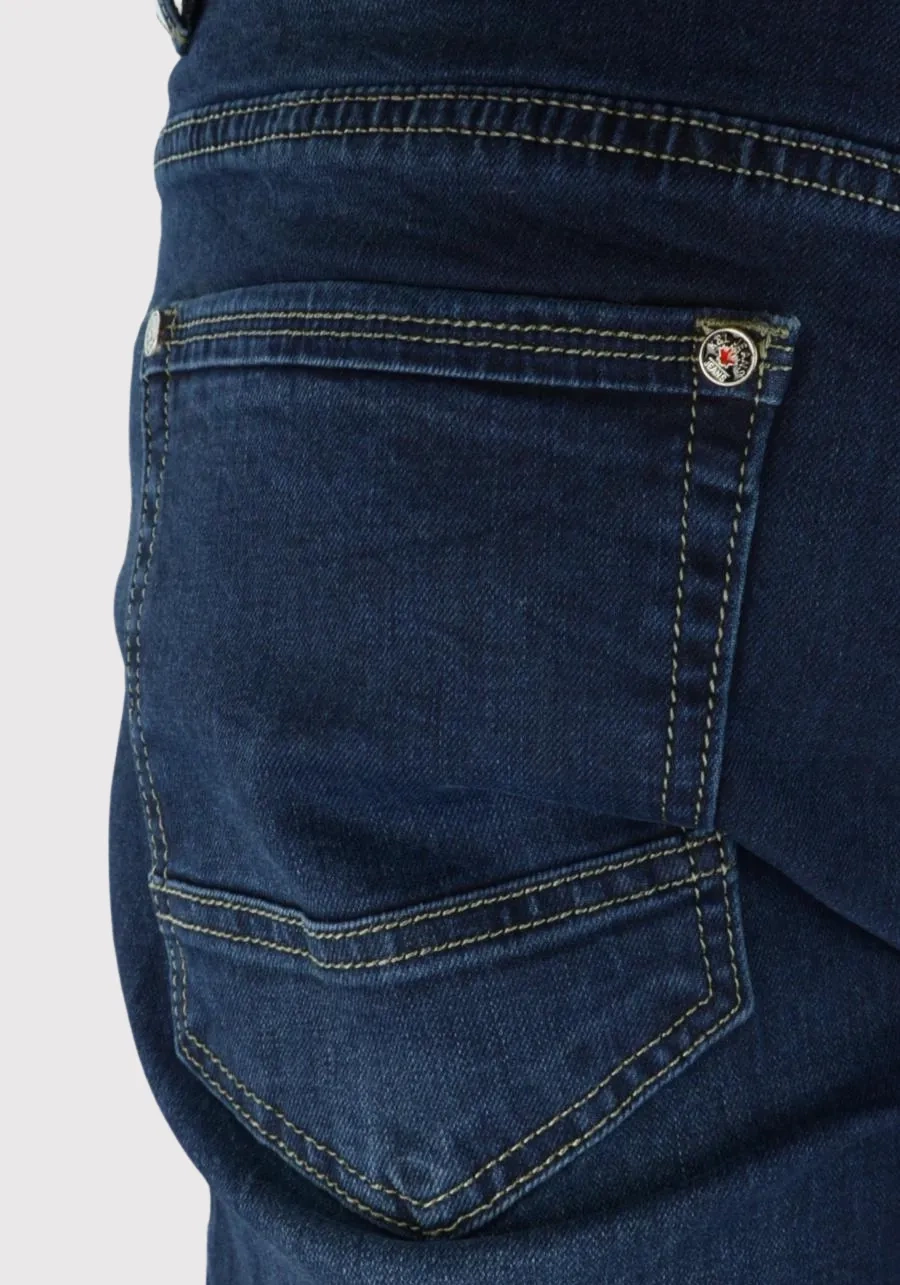 Jeansy męskie dla wysokich (do 210 cm wzrostu) oraz niskich lub standard, ciemnoniebieskie M044