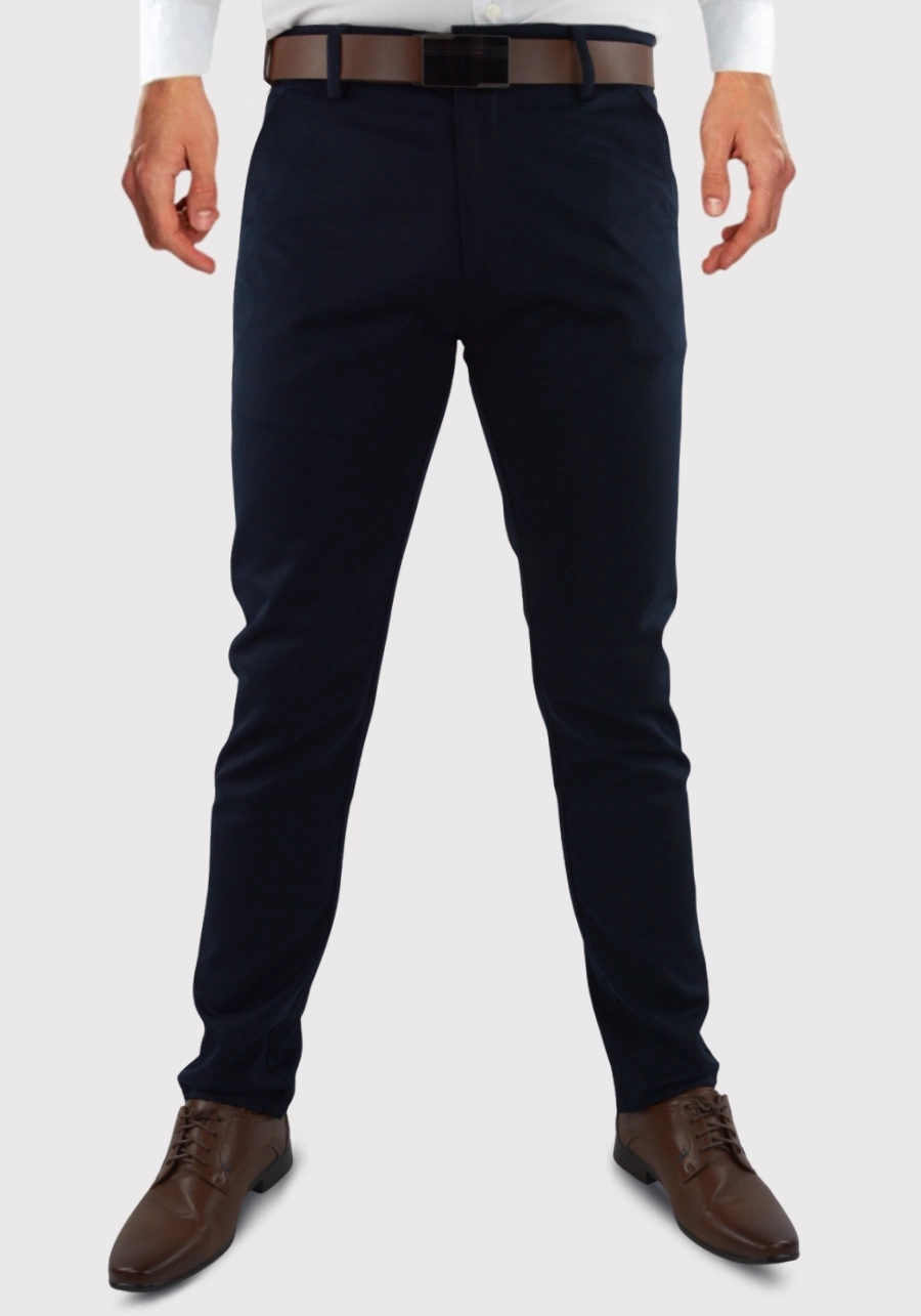 Spodnie męskie granatowe, eleganckie, elastyczne chinosy. Lekko zwężane nogawki M163