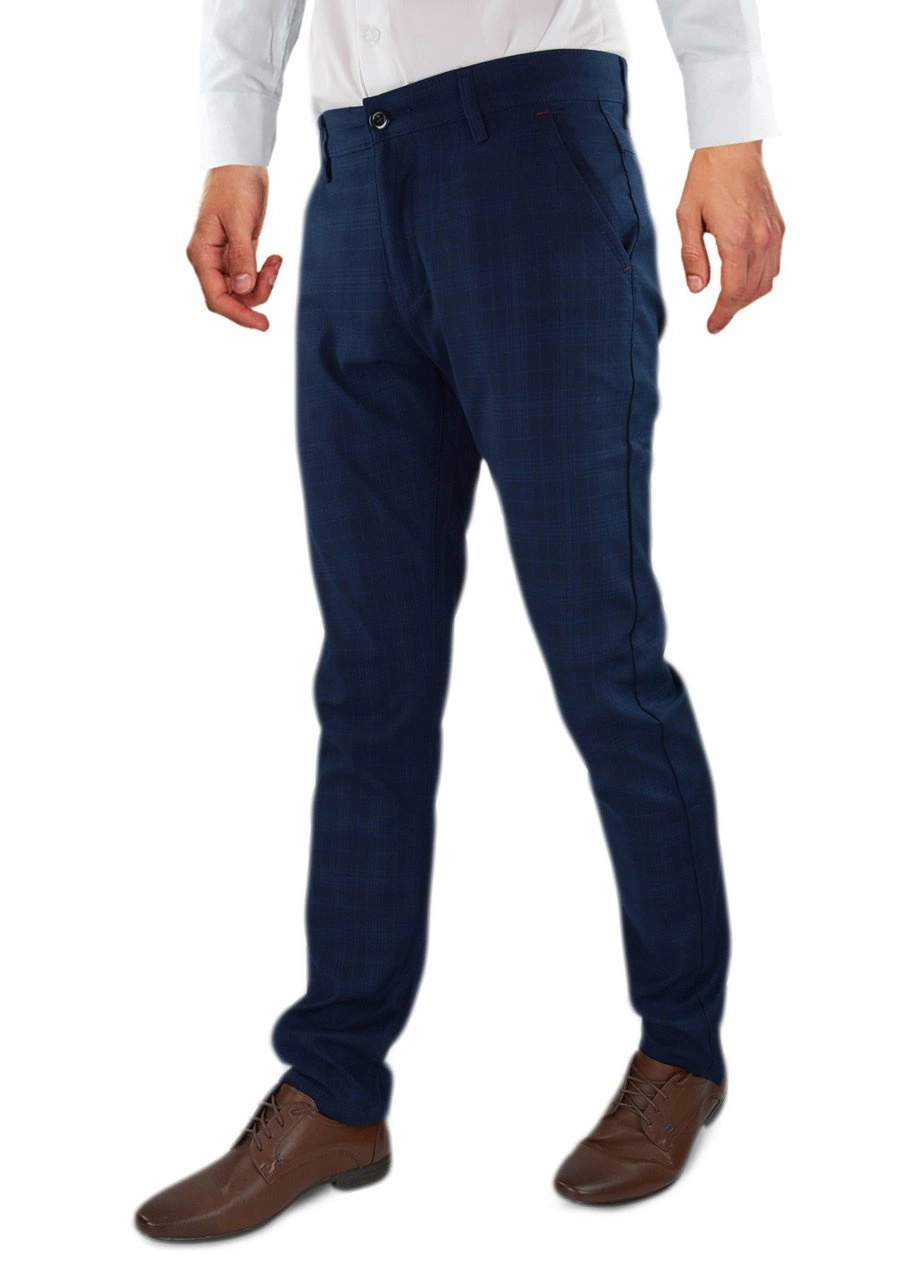 Spodnie męskie granatowe w kratę. Eleganckie oraz elastyczne. Standard oraz oversize - 094