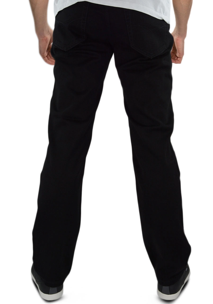 Spodnie męskie czarne dla wysokich (wzrost do 210 cm), niskich, otyłych lub regular. Długie, proste nogawki. Duże rozmiary (do 130 cm w pasie), wysoki stan - M105