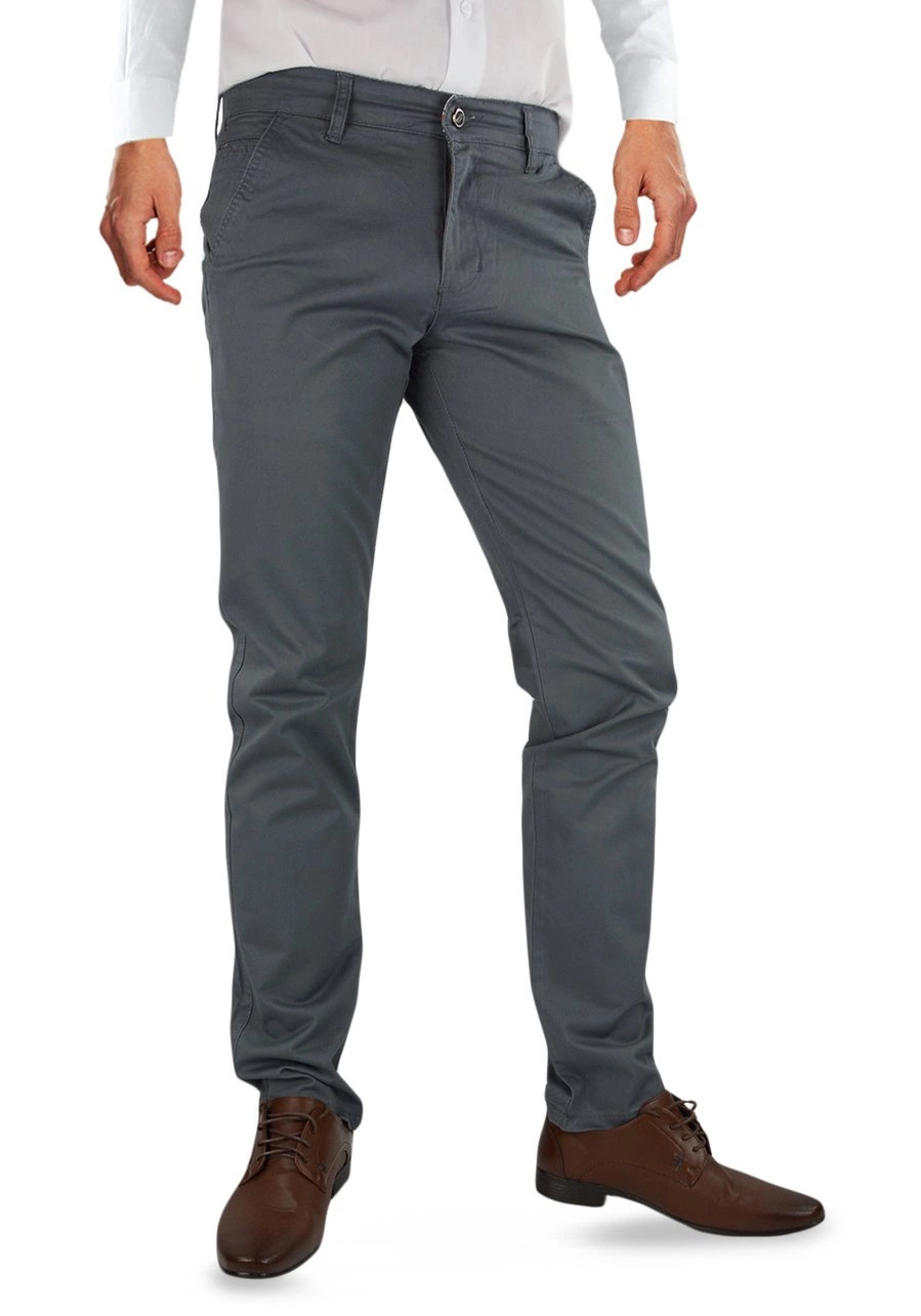 Spodnie męskie szare chinosy. Materiałowe, bawełniane, rozciągliwe, dla niskich, regular lub oversize - V41