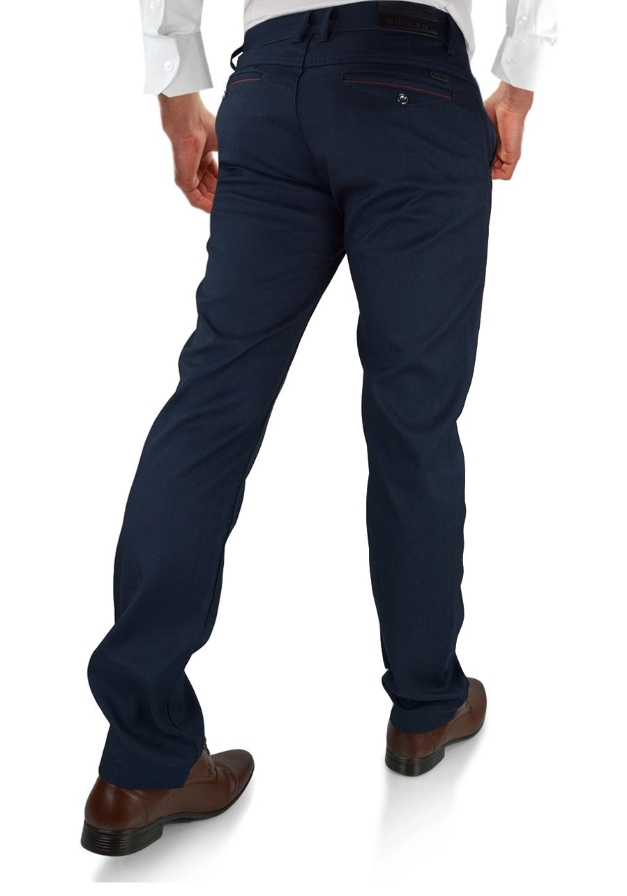 Spodnie męskie eleganckie, granatowe dla wysokich (wzrost do 210 cm), niskich, otyłych (do 124 cm w pasie) lub regular. Duże rozmiary bez kantów, wysoki stan, elastyczne - 97