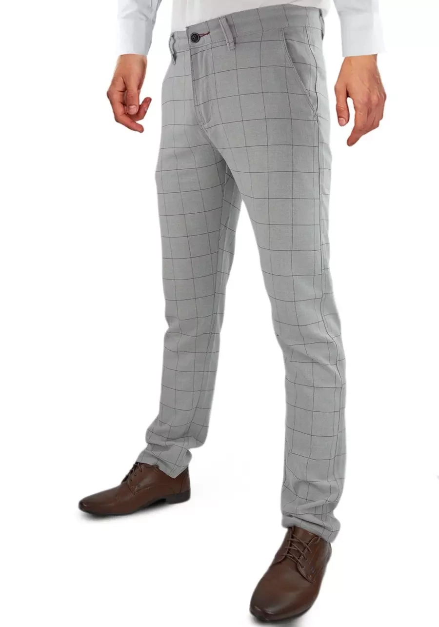 Spodnie męskie szare (jasne) w kratę. Chino, eleganckie oraz elastyczne. Dla niskich oraz regular - M138