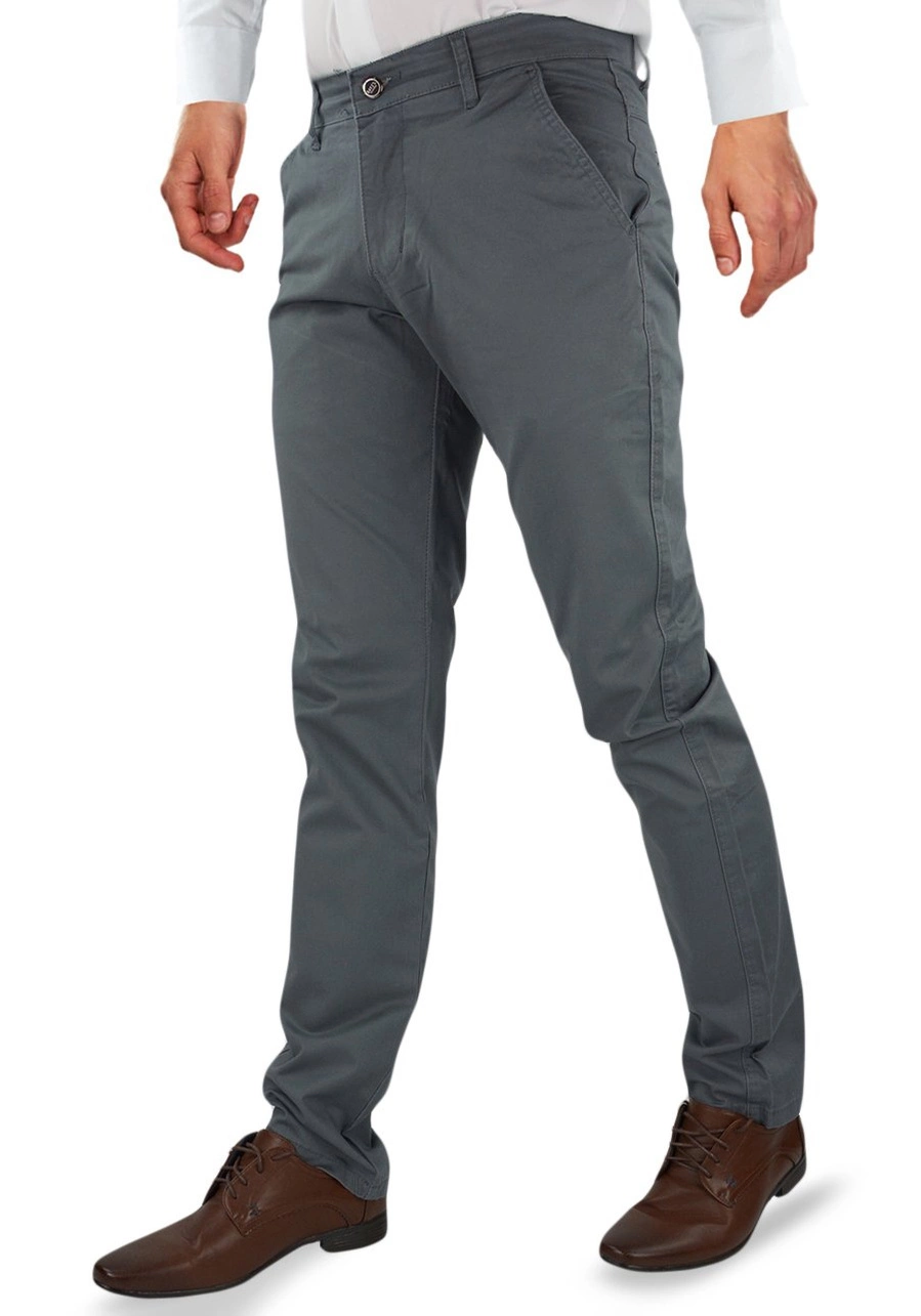 Spodnie męskie szare chinosy. Materiałowe, bawełniane, rozciągliwe, dla niskich, regular lub oversize - V41