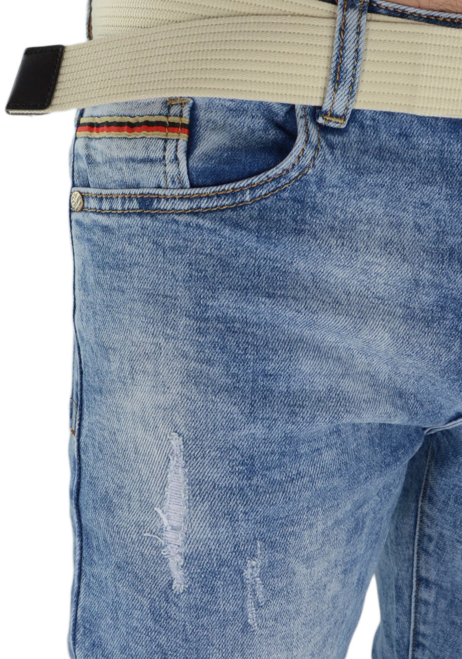 Jasnoniebieskie jeansy męskie slim fit z przetarciami M081