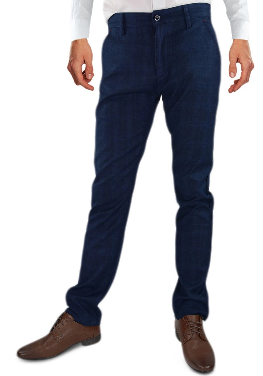 Spodnie męskie granatowe w kratę. Eleganckie oraz elastyczne. Standard oraz oversize - 094