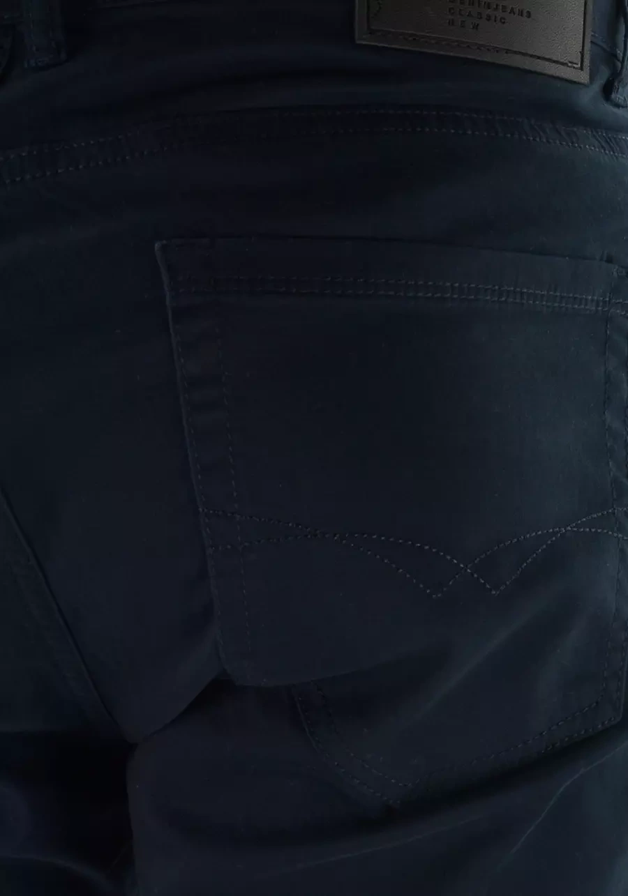 Cienkie, przewiewne oraz luźne granatowe spodnie męskie materiałowe na lato - M134