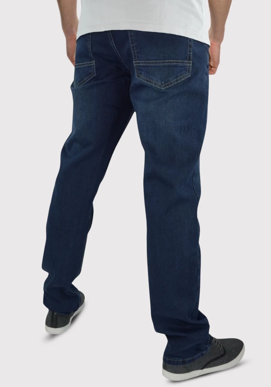 Jeansy męskie dla wysokich (do 210 cm wzrostu) oraz niskich lub standard, ciemnoniebieskie M044