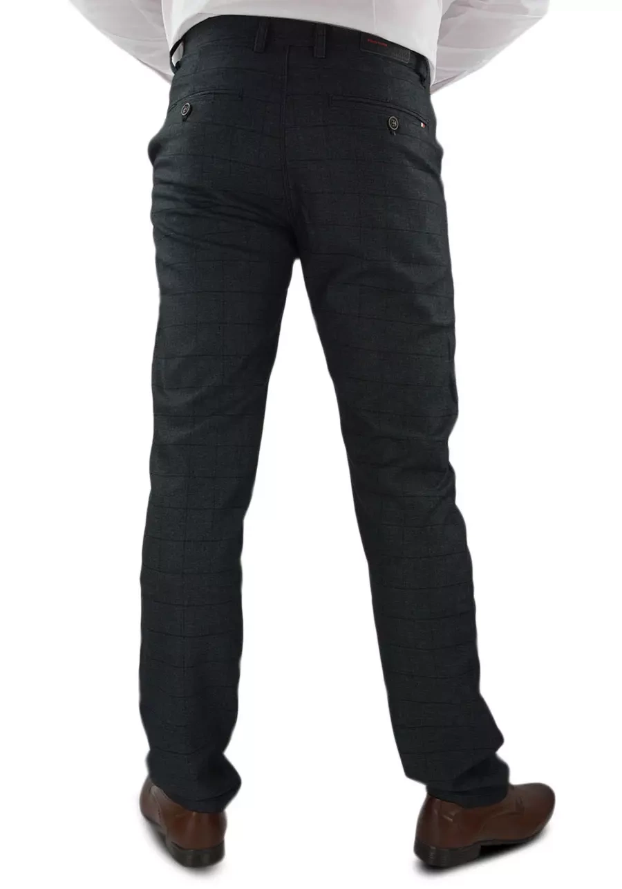 Spodnie męskie grafitowe (ciemne) w kratę. Chino, eleganckie oraz elastyczne. Dla niskich oraz regular - M114