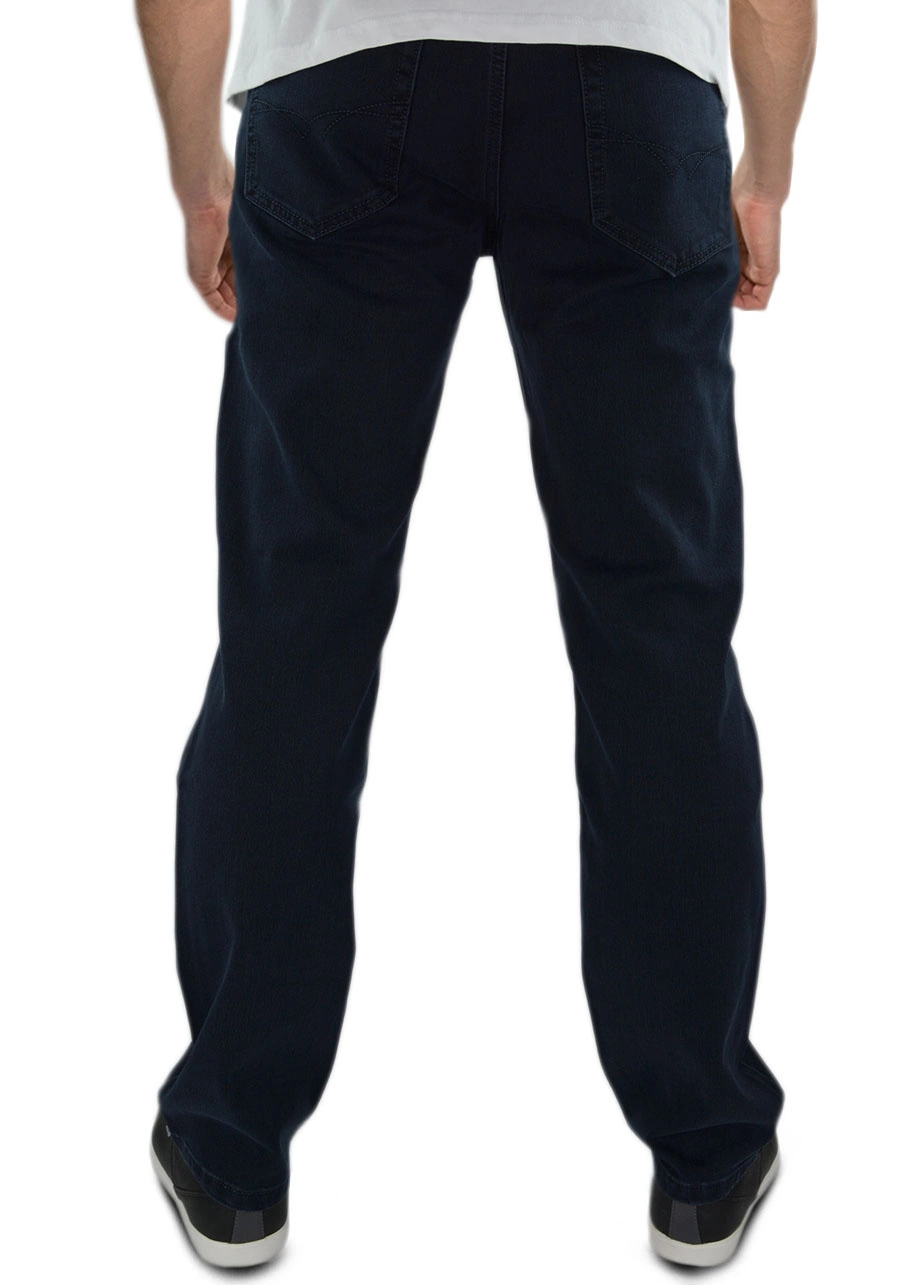 Spodnie męskie granatowe dla wysokich, niskich, otyłych (do 130 cm w pasie) lub regular. Długie, proste nogawki. Duże rozmiary, wysoki stan - M104