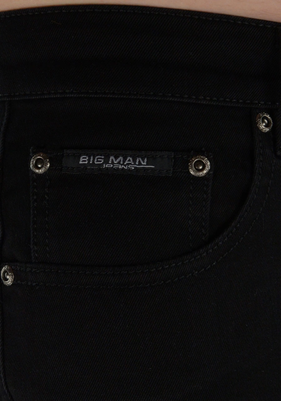 Spodnie męskie czarne dla wysokich (wzrost do 210 cm), niskich, otyłych lub regular. Długie, proste nogawki. Duże rozmiary (do 130 cm w pasie), wysoki stan - M105