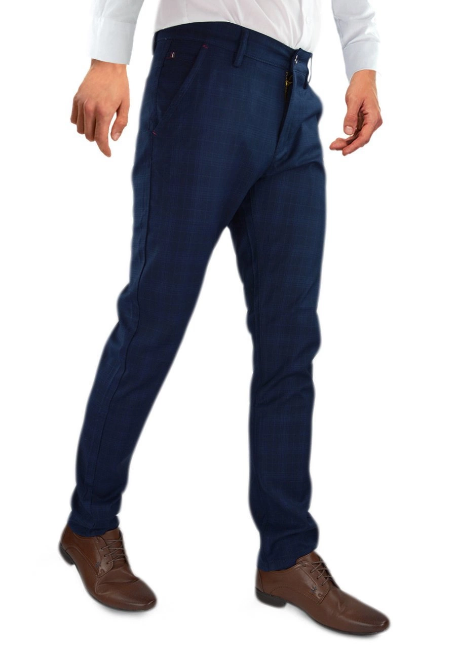 Spodnie męskie granatowe w kratę. Eleganckie oraz elastyczne. Standard oraz oversize - 094