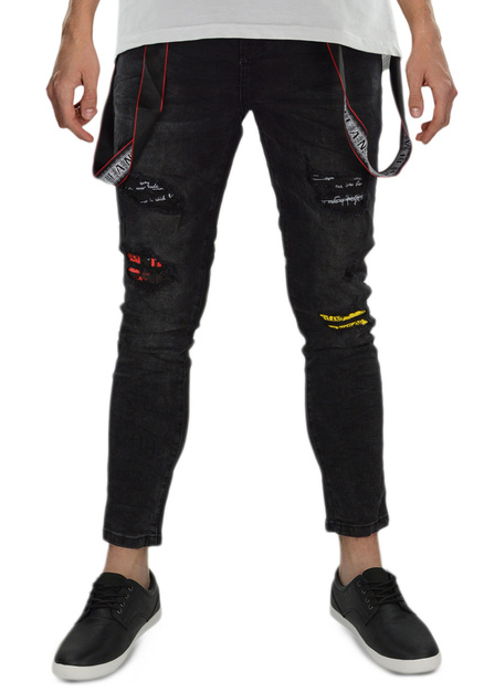 Ciemnno grafitowe jeansy męskie z nadrukiem, przetarciami M055