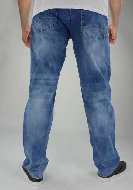 Niebieskie jeansy męskie z rozjaśnieniami, prosta nogawka M011